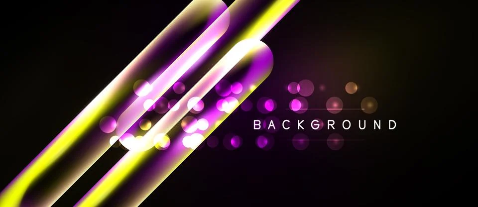 Dark background features vibrant neon lines, circles. Modern design with gl.. Stock Illustration