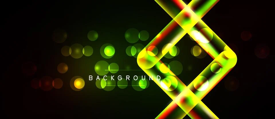 Dark background features vibrant neon lines forming geometric shapes. Bokeh 스톡 일러스트