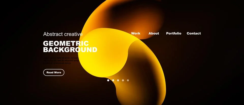 Dark background features vibrant orange shapes, text elements, navigation men イラスト素材