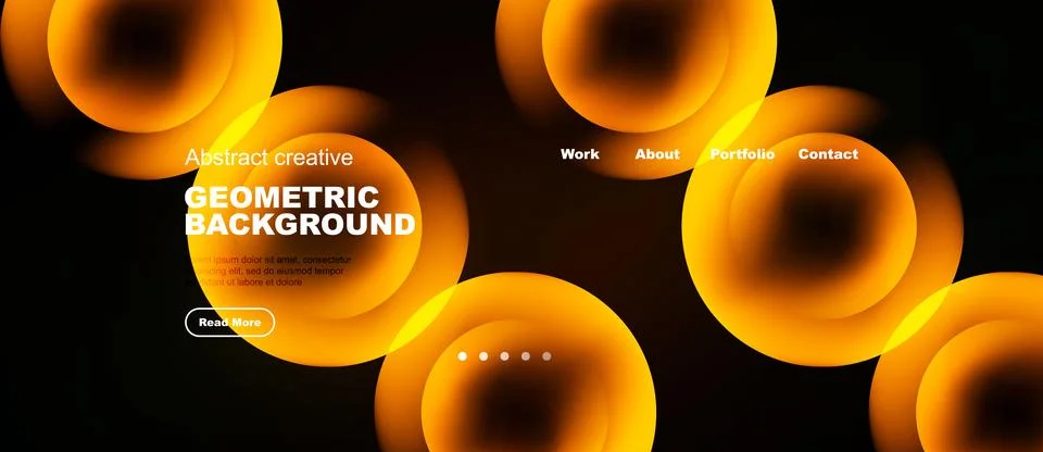 Dark background features vibrant orange circles, text elements, navigation .. Illustrazione stock