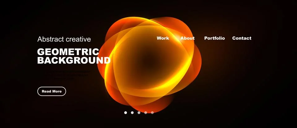 Dark background features vibrant orange geometric shapes. Website header Stock Illustration
