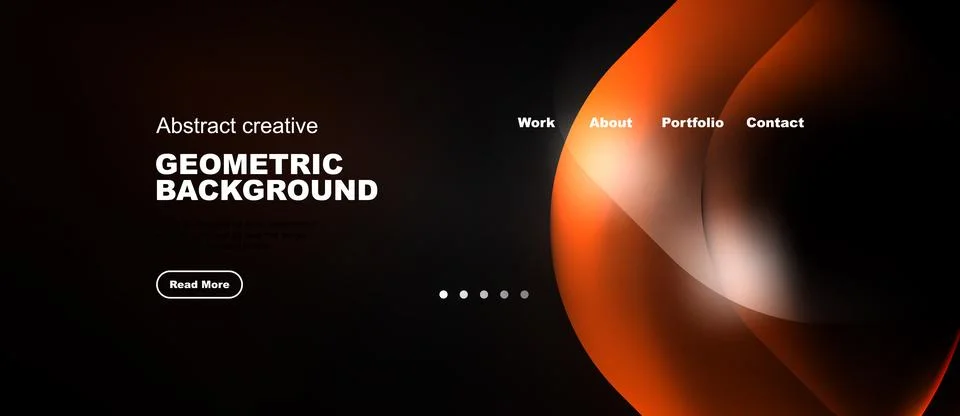 Dark background features vibrant orange geometric shapes. Website navigation Stock Illustration
