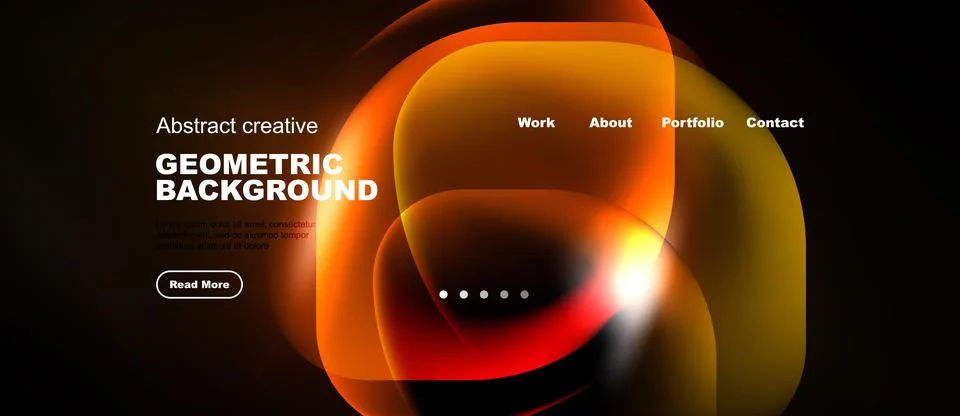 Dark background features vibrant orange geometric shapes. Text elements inclu Stock Illustration