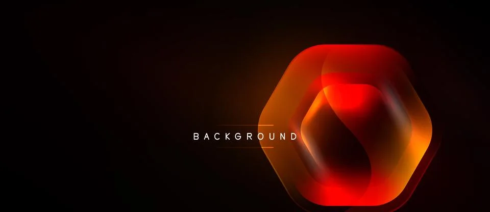 Dark background features vibrant orange hexagon. Overlapping layers create Stock Illustration
