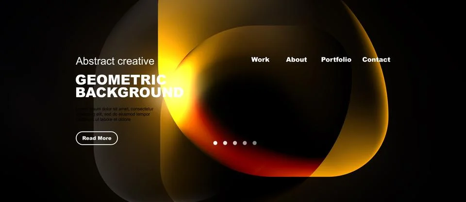Dark background features vibrant orange, yellow shapes. Website header includ Stock Illustration