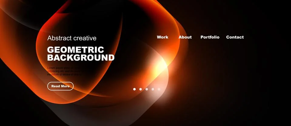 Dark background features vibrant orange curves, text elements, navigation men Stock Illustration