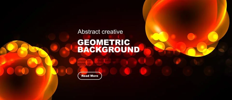 Dark background features vibrant orange glowing orbs, geometric shapes, text 스톡 일러스트