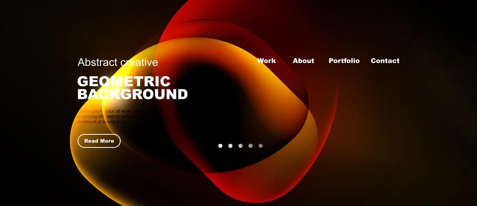 Dark background features vibrant orange, red shapes. Website header includes 스톡 일러스트