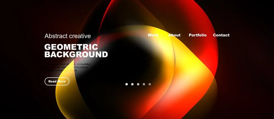 Dark background features vibrant orange, yellow shapes. Text includes geometr Illustrazione stock