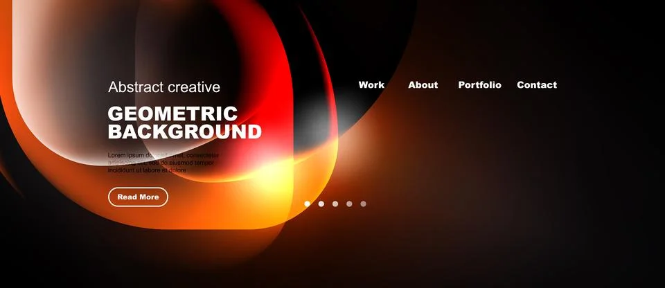 Dark background features vibrant orange geometric shapes. Text overlays promo Stock Illustration
