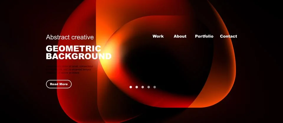 Dark background features vibrant orange geometric shapes. Website header Illustrazione stock