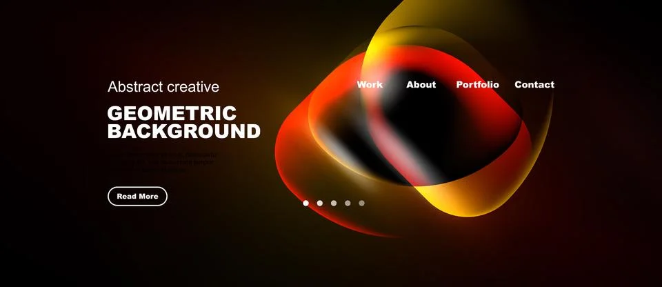 Dark background features vibrant orange shapes, text elements, navigation Stock Illustration
