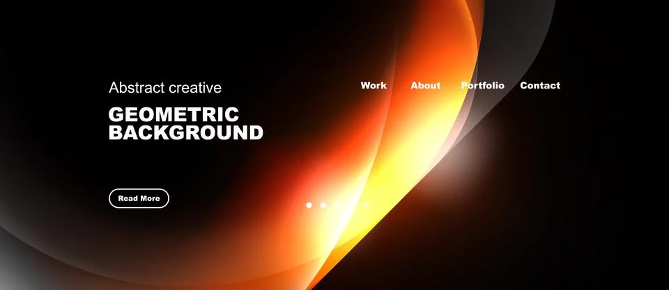 Dark background features vibrant orange geometric shapes. Website navigation Illustrazione stock