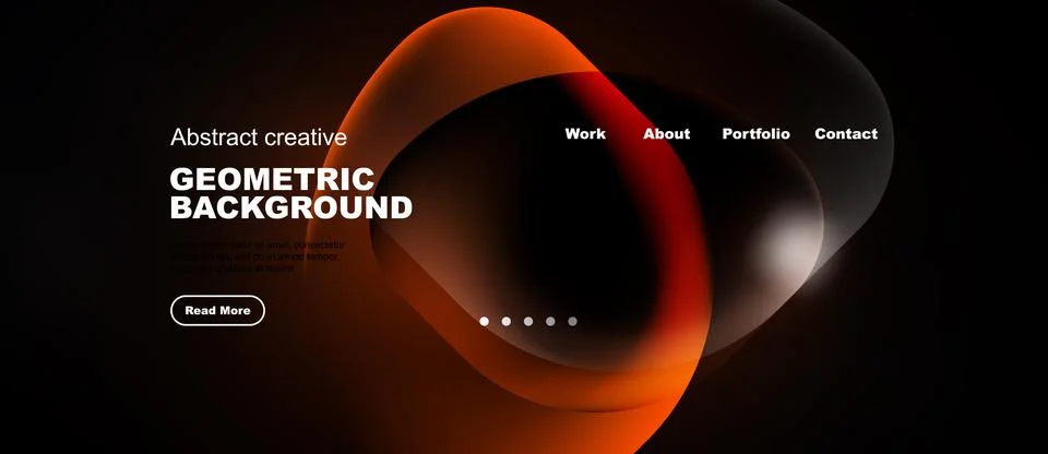 Dark background features vibrant orange abstract shapes. Website navigation Illustrazione stock