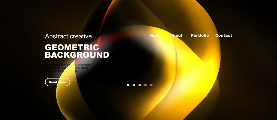 Dark background features vibrant orange, yellow shapes. Text includes geometr Stock Illustration