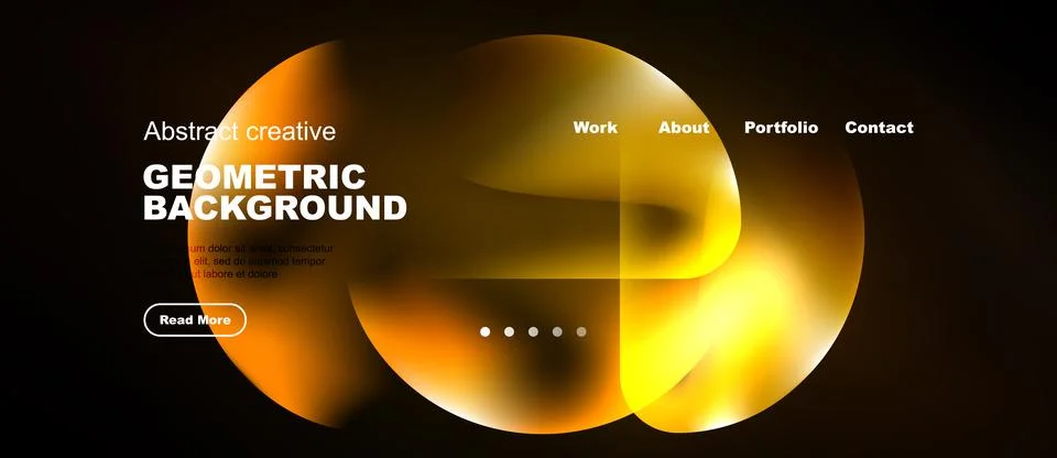 Dark background features vibrant orange shapes, text elements, navigation men Stock Illustration