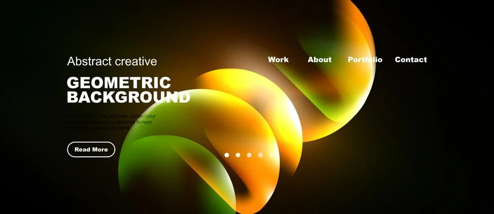 Dark background features vibrant orange, green shapes. Website navigation Illustrazione stock
