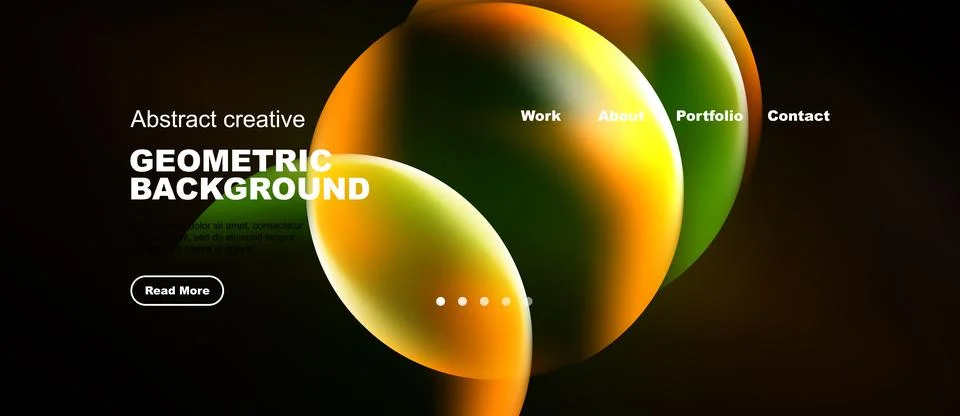 Dark background features vibrant orange, green shapes. Website header include 스톡 일러스트
