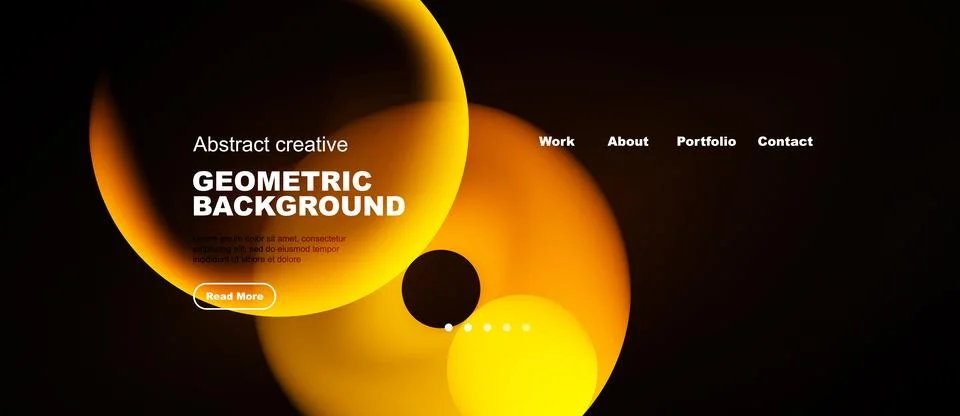 Dark background features vibrant orange shapes, text, navigation menu. Design Stock Illustration