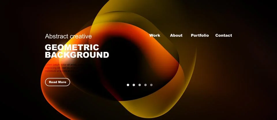 Dark background features vibrant orange, yellow shapes. Website header includ Stock Illustration