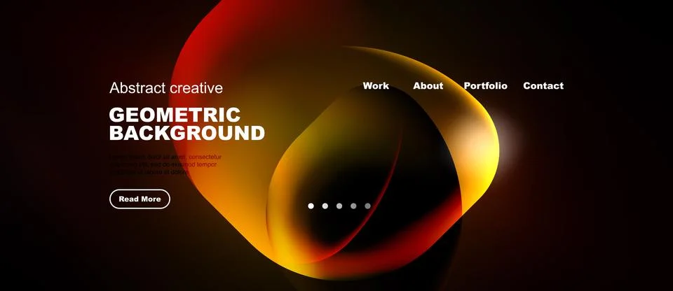 Dark background features vibrant orange, yellow shapes. Website header includ Stock Illustration