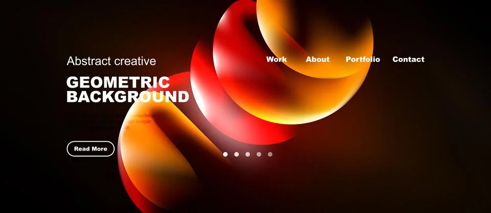 Dark background features vibrant orange, red shapes. Navigation includes work Stock Illustration