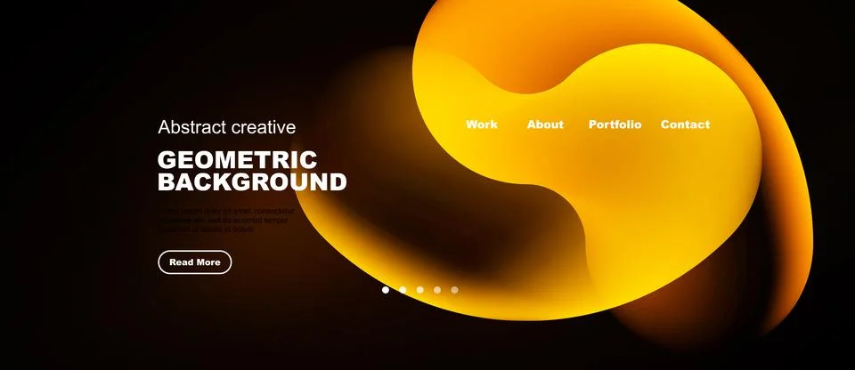 Dark background features vibrant orange geometric shapes. Text elements inclu Stock Illustration
