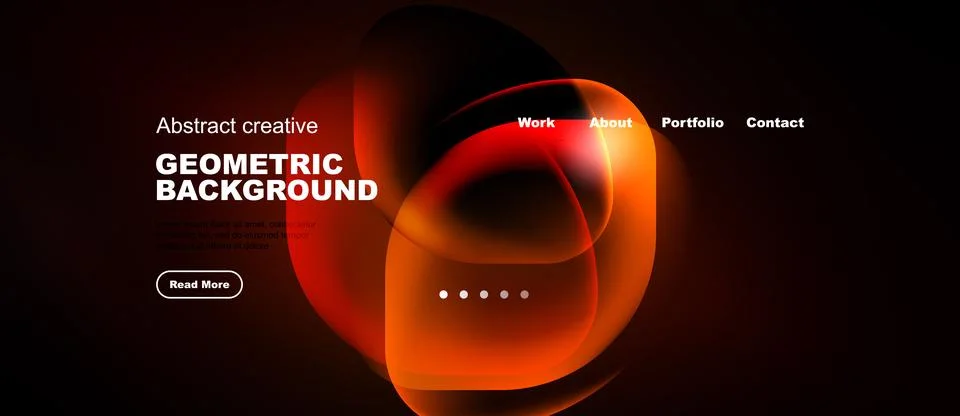 Dark background features vibrant orange geometric shapes. Website header Stock Illustration