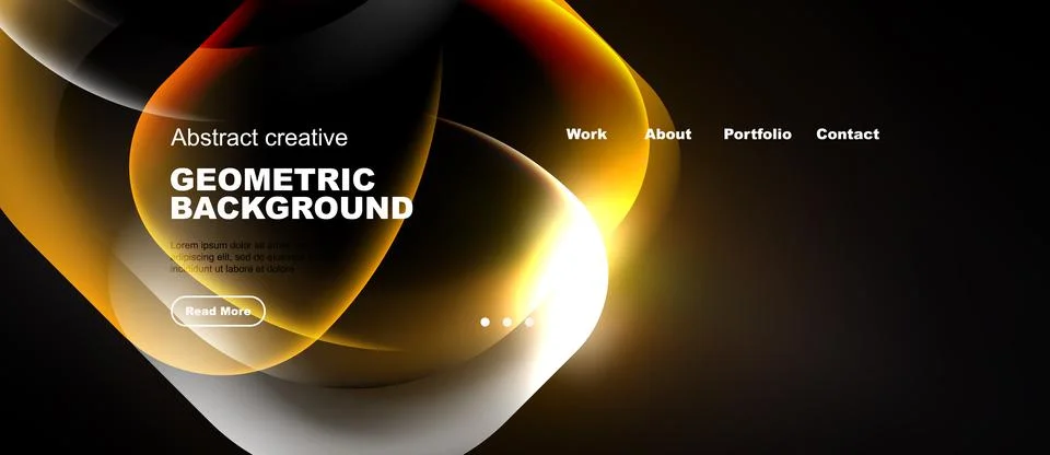 Dark background features vibrant orange, yellow shapes. Website header includ Stock Illustration