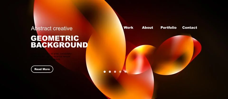 Dark background features vibrant orange fluid shapes, text elements, navigati Stock Illustration