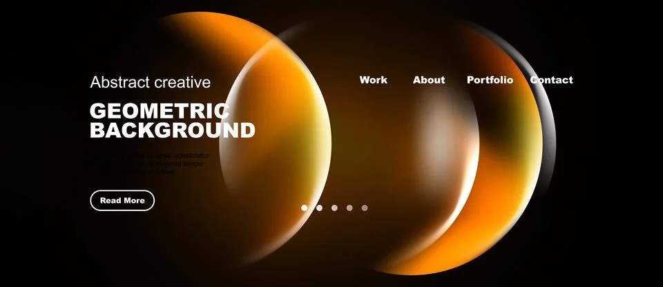 Dark background features vibrant orange circles, text elements, navigation Stock Illustration