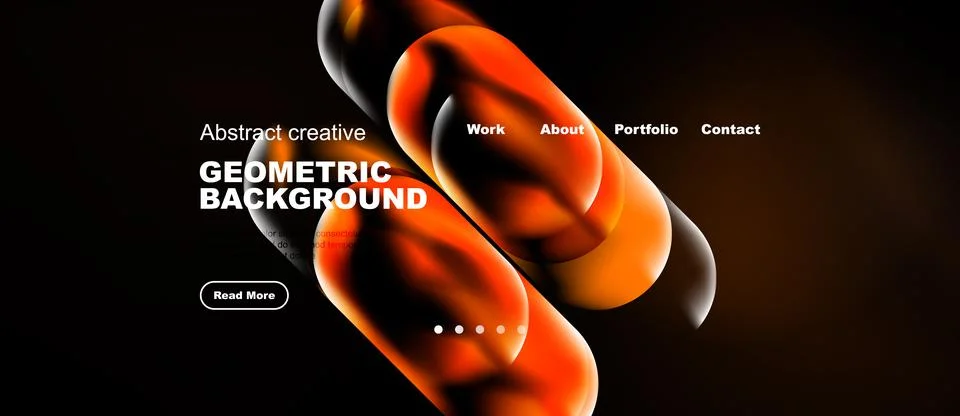 Dark background features vibrant orange abstract shapes. Website navigation Illustrazione stock