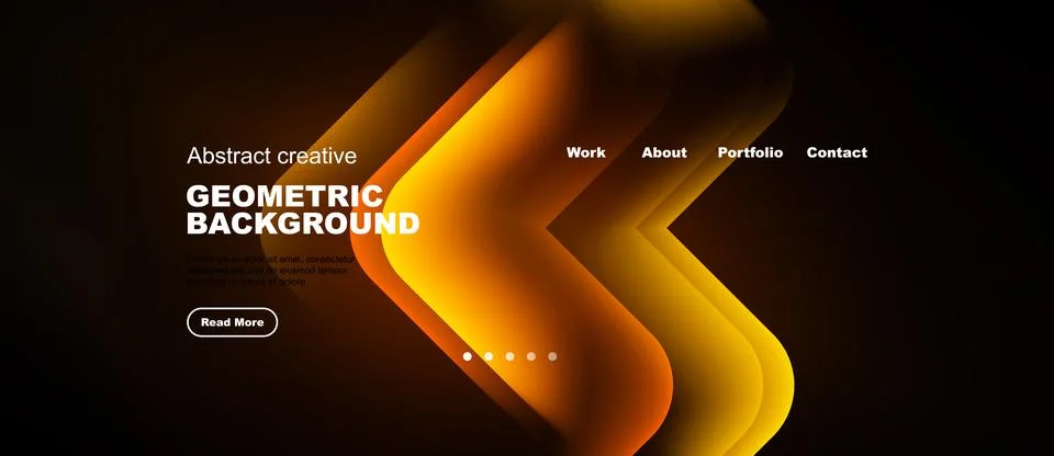 Dark background features vibrant orange geometric shapes. Text includes work, Stock Illustration