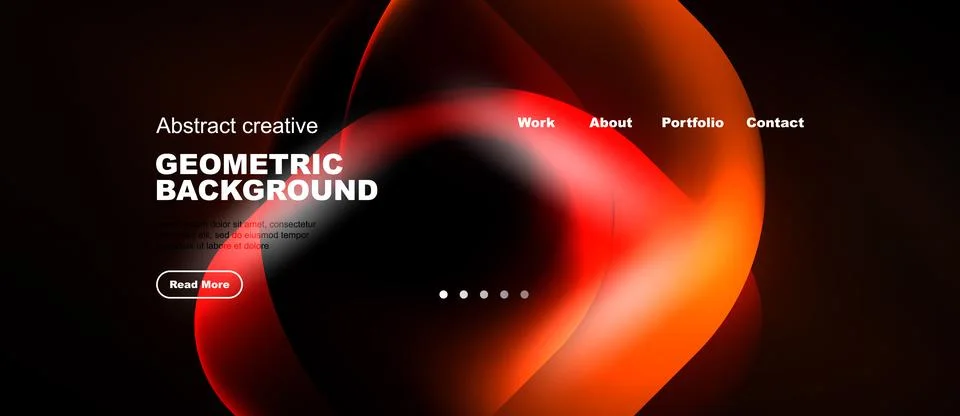 Dark background features vibrant orange shapes. Text overlays include geometr Stock Illustration
