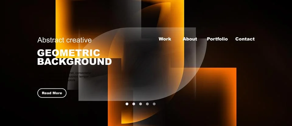 Dark background features vibrant orange geometric shapes. Website header Stock Illustration