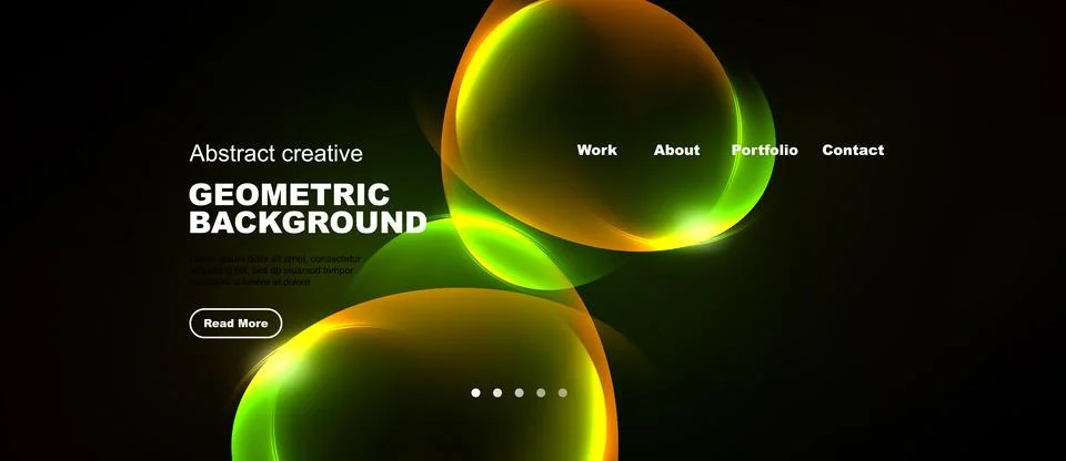 Dark background features vibrant overlapping shapes. Text promotes geometric Stock Illustration
