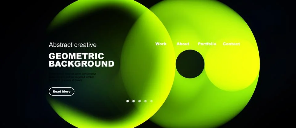 Dark background features vibrant overlapping circles. Text details geometric Stock Illustration