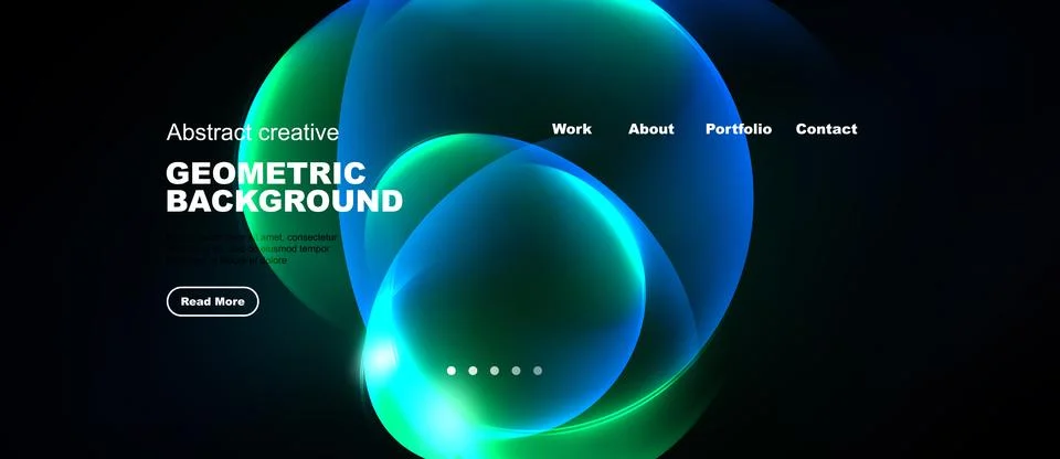 Dark background features vibrant overlapping circles. Text elements include Ilustración de archivo