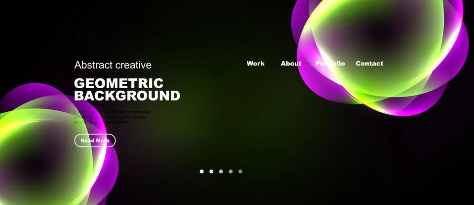 Dark background features vibrant, overlapping circles. Text elements include Ilustración de archivo