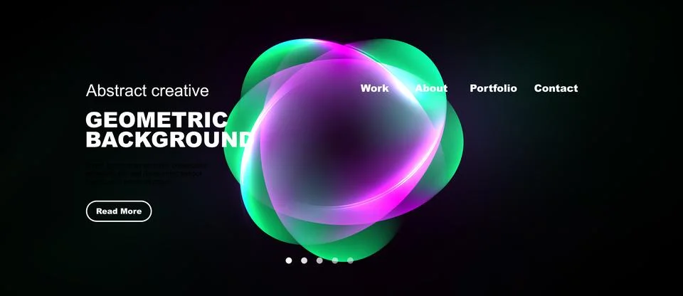 Dark background features vibrant, overlapping circles. Text includes geometri Stock Illustration