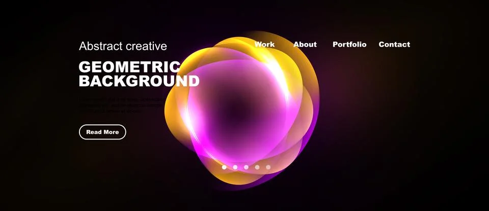 Dark background features vibrant overlapping circles. Text elements include Ilustración de archivo