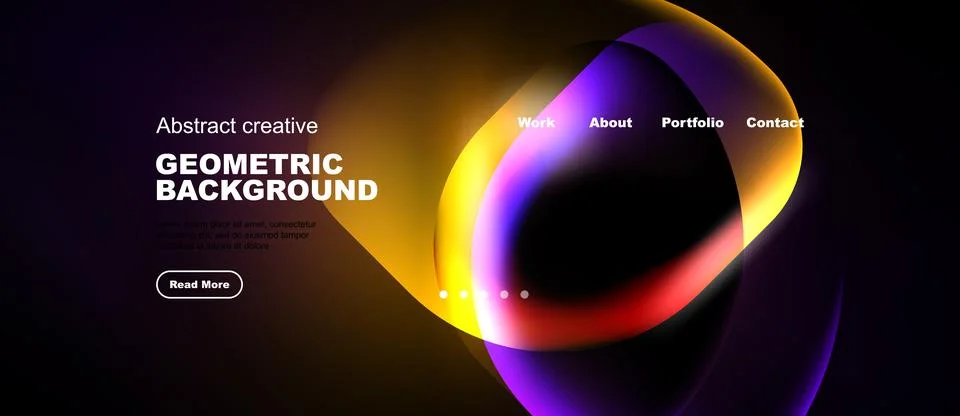 Dark background features vibrant overlapping circles. Text includes geometric Stock Illustration