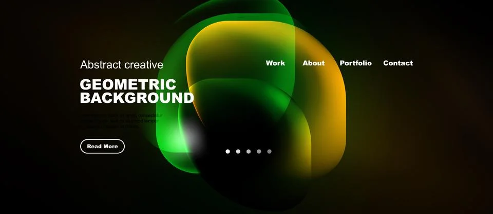 Dark background features vibrant overlapping shapes. Text highlights geometri Stock Illustration