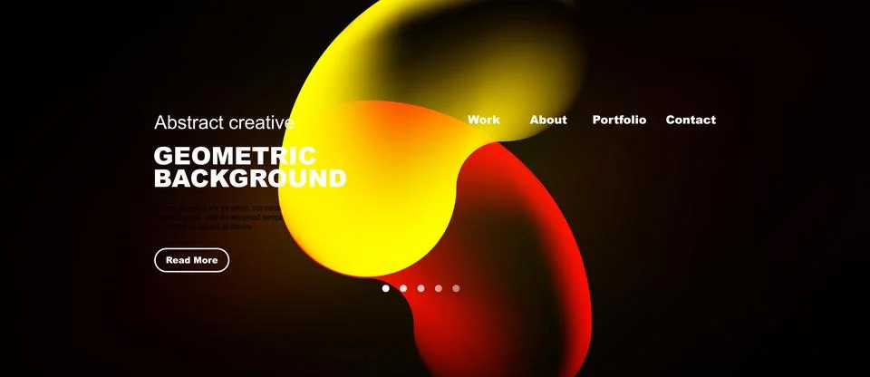 Dark background features vibrant overlapping shapes. Website header includes Illustrazione stock
