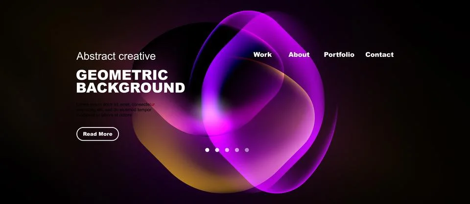 Dark background features vibrant, overlapping geometric shapes. Website heade Stock-Illustration