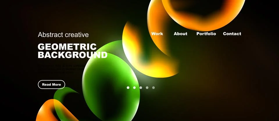 Dark background features vibrant, overlapping shapes. Website navigation イラスト素材