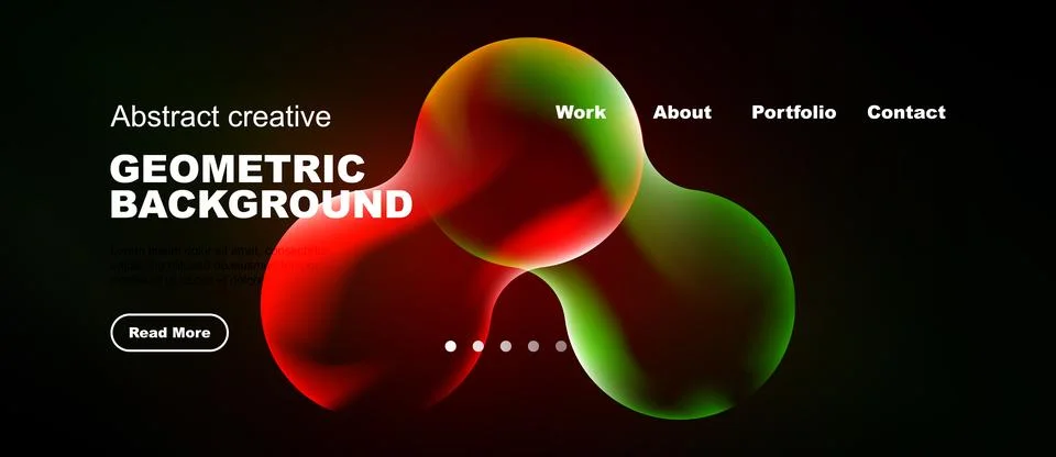 Dark background features vibrant overlapping circles, text elements, navigati Stock Illustration