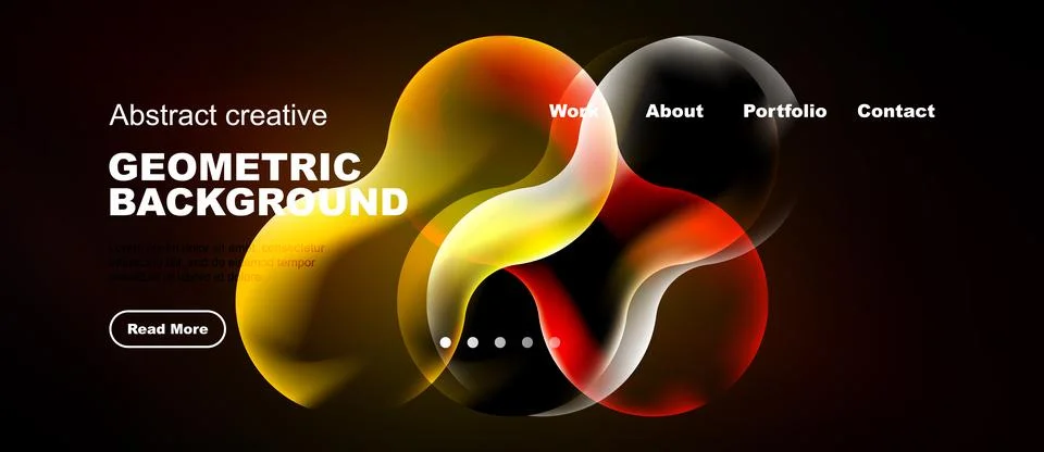 Dark background features vibrant overlapping shapes. Text highlights geometri Stock Illustration