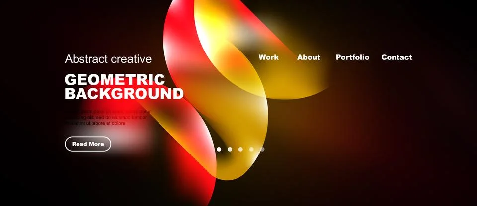 Dark background features vibrant overlapping circles. Website navigation Stockillustratie