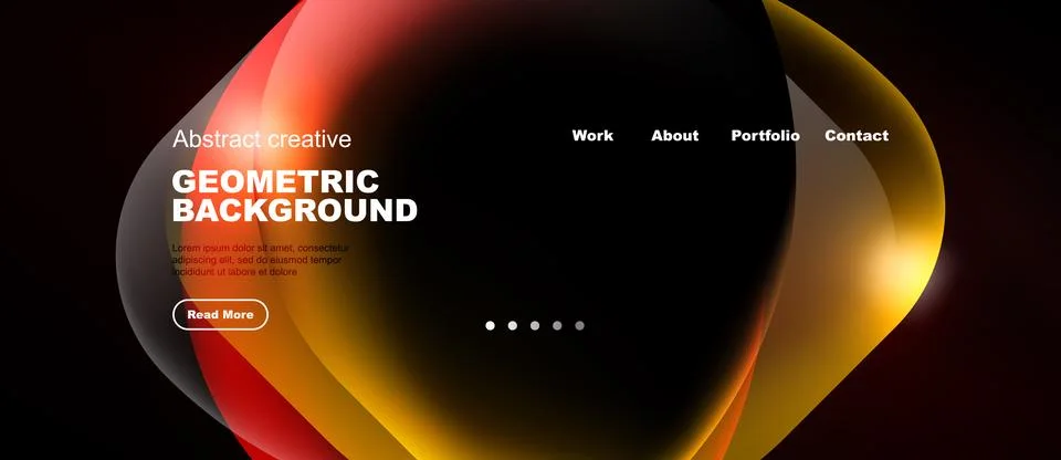 Dark background features vibrant overlapping shapes. Text details website Illustrazione stock